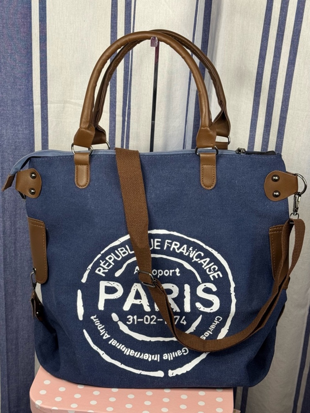 Paris Republique Large Canvas Stamped Messenger Bag with Vegan Leather Accents